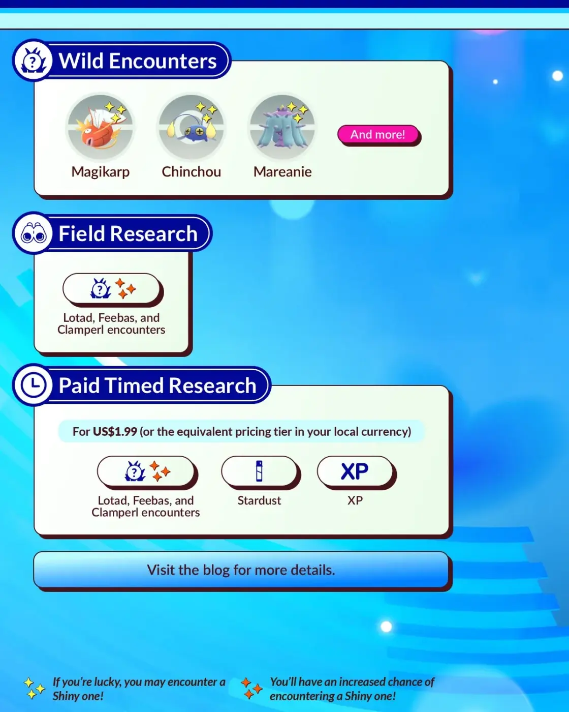 Replay Water Research Day Pokémon GO encuentros Magikarp Chinchou Mareanie Field Research Lotad Feebas Clamperl