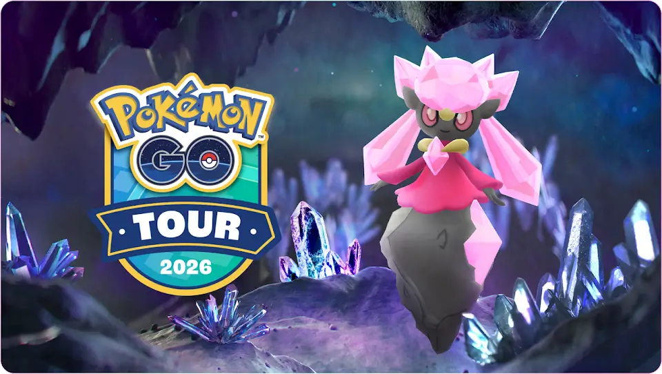 Pokémon GO Tour 2026 Diancie mítico tipo roca y hada entre cristales cueva subterránea