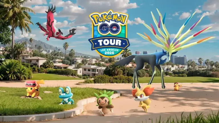 Pokémon GO Tour Los Angeles 2026 con Xerneas Yveltal Chespin Fennekin y Froakie en parque de Los Ángeles