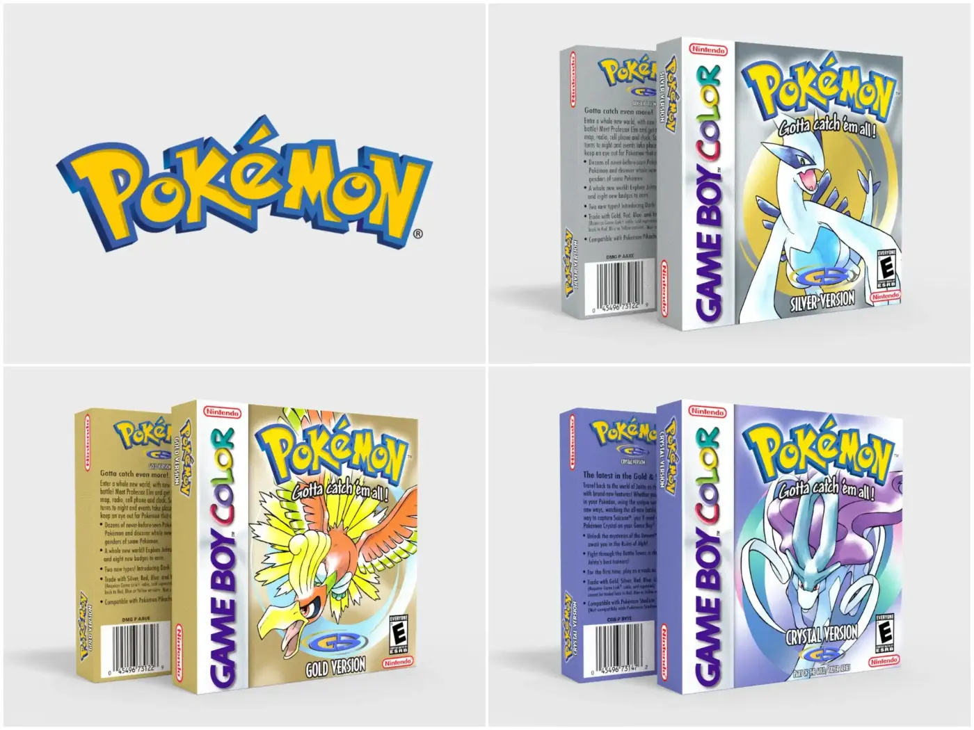 Pokémon Gold Silver y Crystal cajas Game Boy Color con Ho-Oh Lugia y Suicune segunda generación Johto