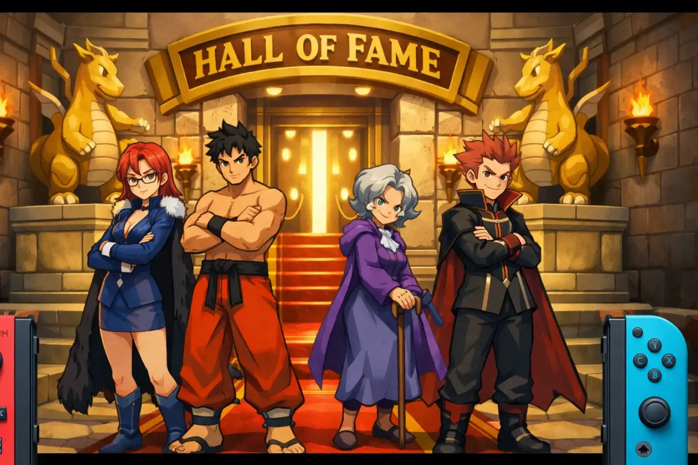 Hall of Fame Pokémon fan art cuatro entrenadores élite ante puerta dorada con estatuas de Dragonite y Nintendo Switch