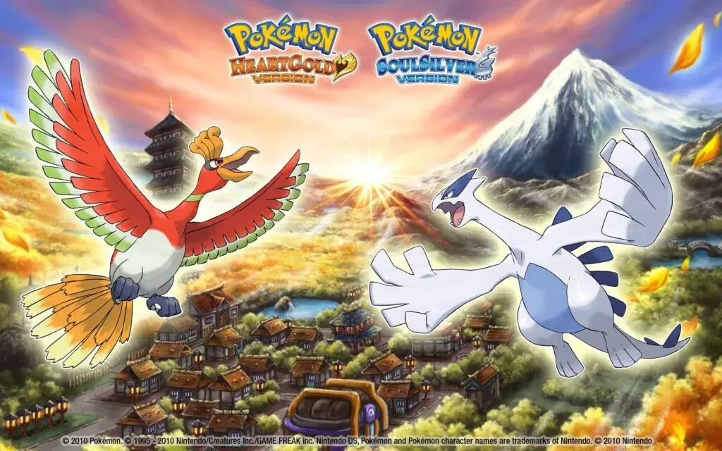 Pokémon HeartGold y SoulSilver arte oficial con Ho-Oh y Lugia volando sobre Ecruteak City al atardecer