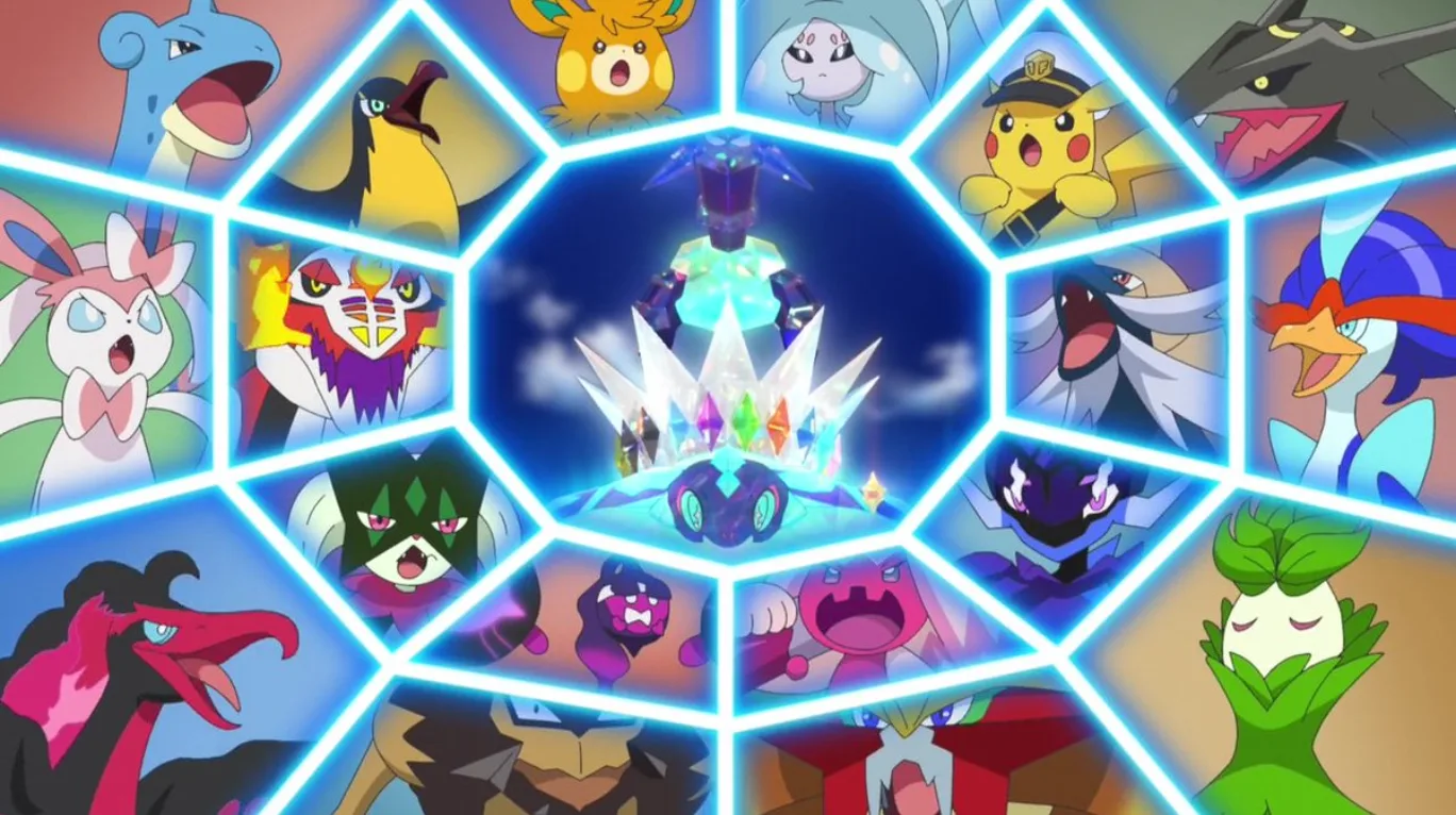 Pokémon Horizons Rising Hope escena animé Terapagos cristales hexágonos azules Pokémon del elenco. Horizons final trailer Captain Pikachu Transform arco decisivo
