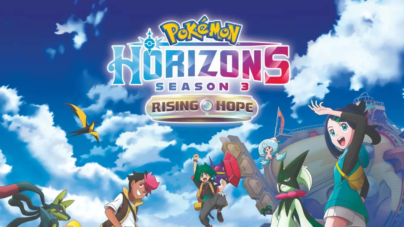 Pokémon Horizons Season 3 Rising Hope arte clave Liko Roy Murdock con Meowscarada y Hattrem