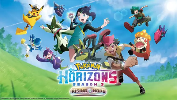 Pokémon Horizons Season 3 Rising Hope banner oficial con Liko Roy Dot y sus Pokémon