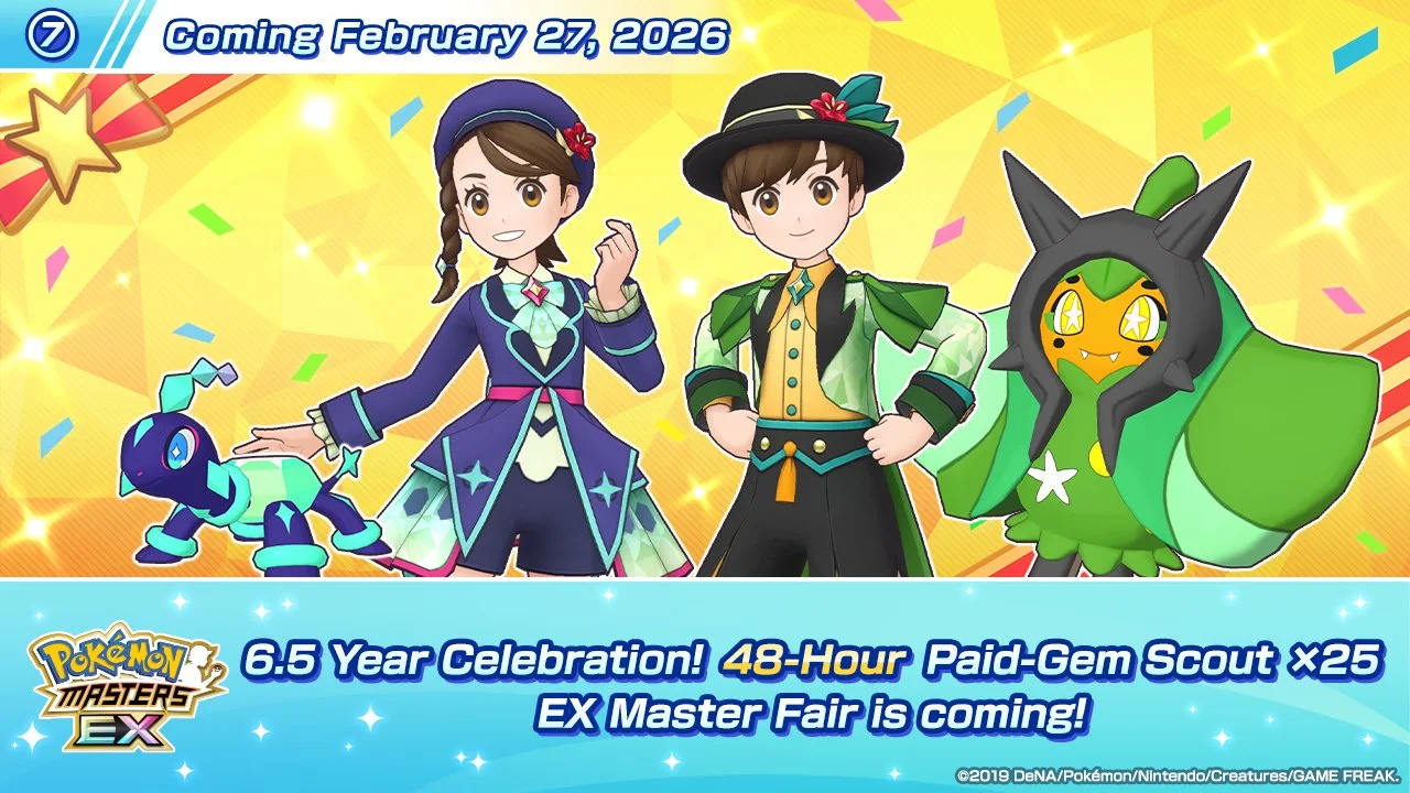 Pokémon Masters EX celebración 6.5 aniversario EX Master Fair 48 horas Paid Gem Scout nuevos trajes Kris y Nate con Jangmo-o y Rowlet