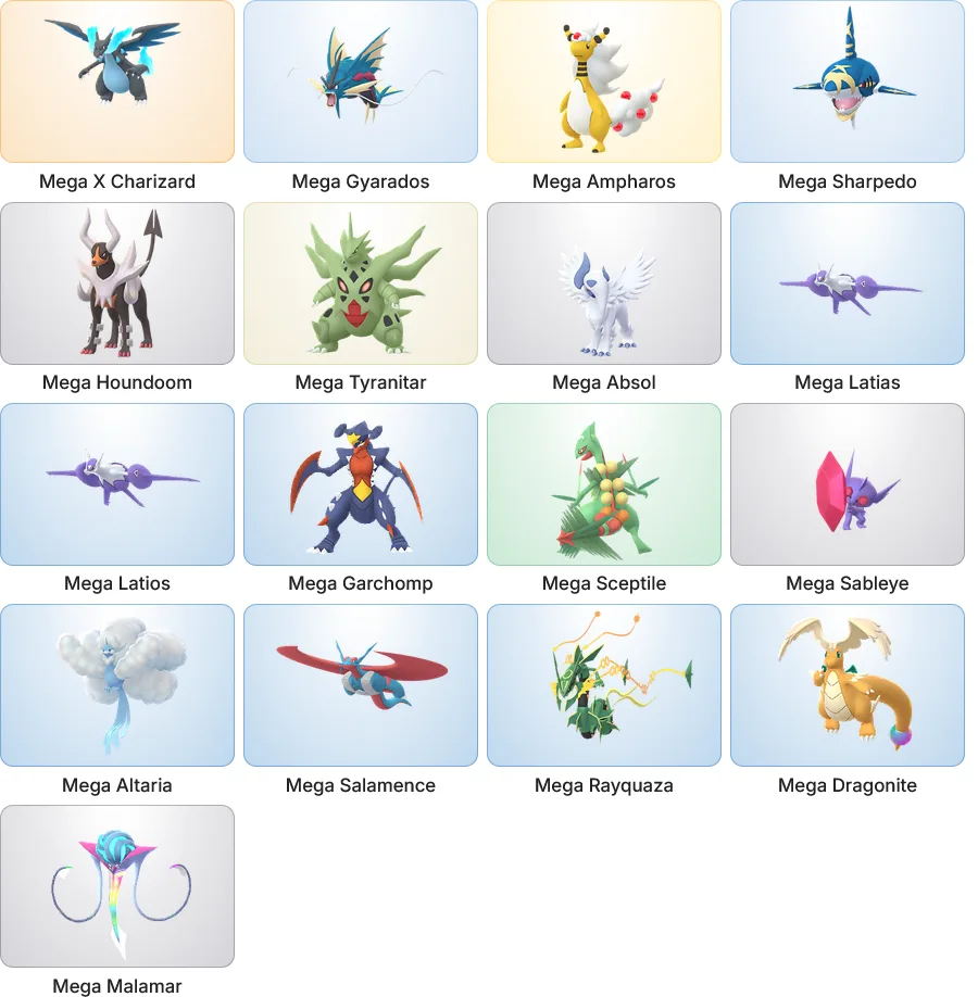 Community Day Deino-Pokémon colección Mega Evolutions Charizard Gyarados Ampharos Sharpedo Houndoom Tyranitar Absol Latias Latios Garchomp Sceptile Sableye Altaria Salamence Rayquaza Dragonite Malamar