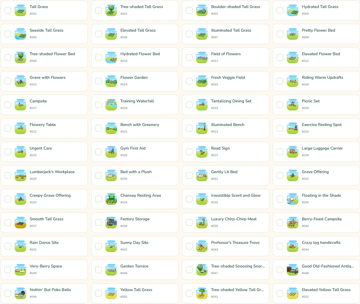 Hábitats Pokopia-Pokémon Pokopia catálogo objetos entornos
