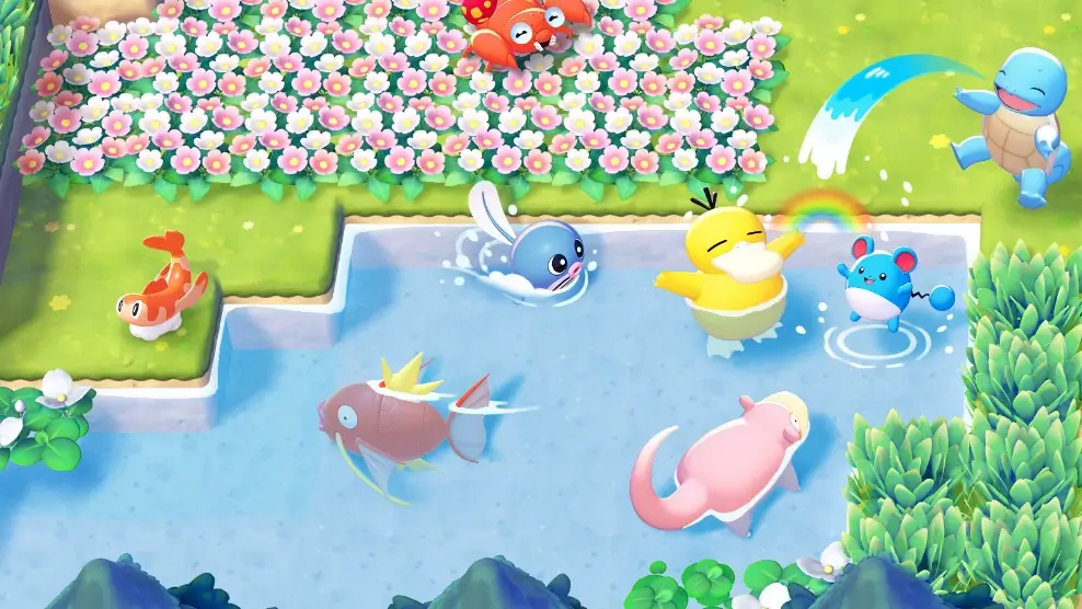 Pokémon Pokopia gameplay estanque con Psyduck Azumarill Marill Magikarp Slowpoke Squirtle y Azurill