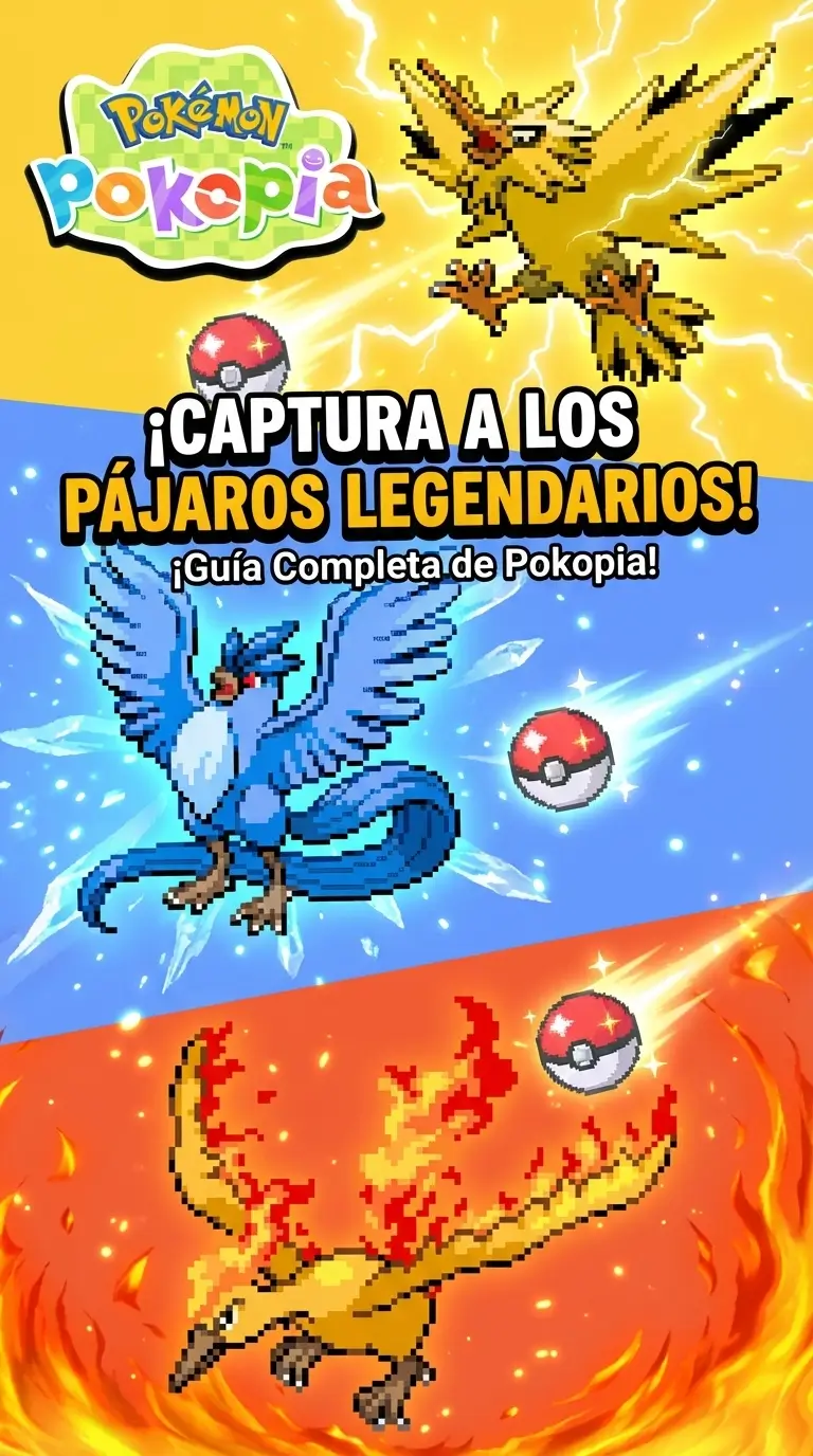 Pokémon Pokopia guía captura pájaros legendarios Zapdos Articuno Moltres pixel art Poké Balls