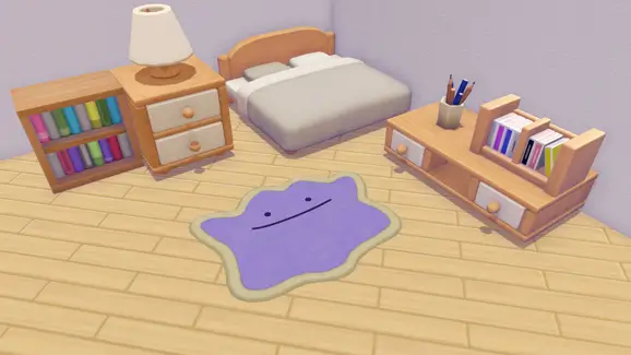 Pokémon Pokopia habitación con alfombra de Ditto mesita de noche cama y estantería decoración interior