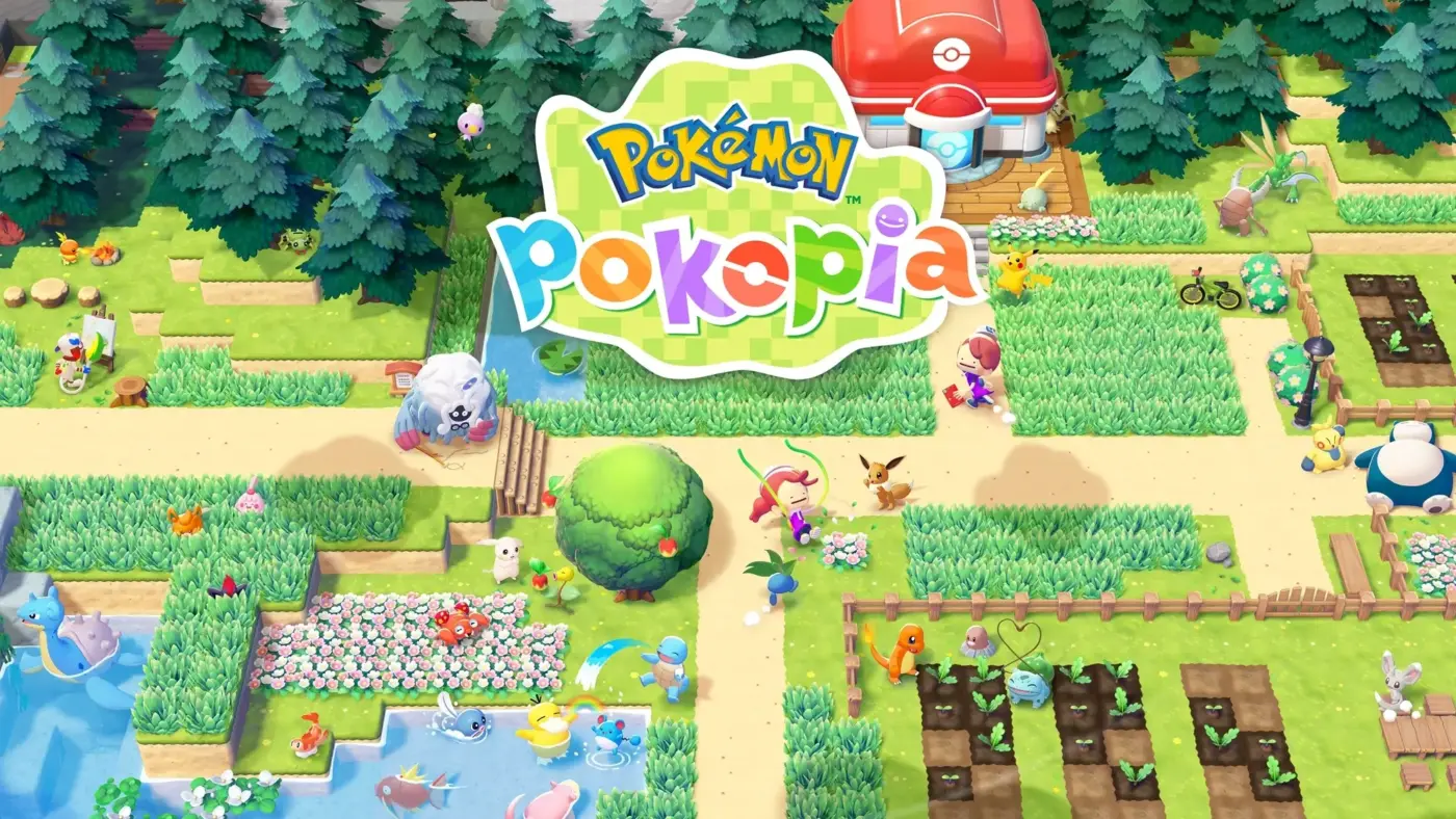 Pokémon Pokopia key art oficial Nintendo Switch con granja Eevee Pikachu Snorlax Charmander Bulbasaur y Centro Pokémon