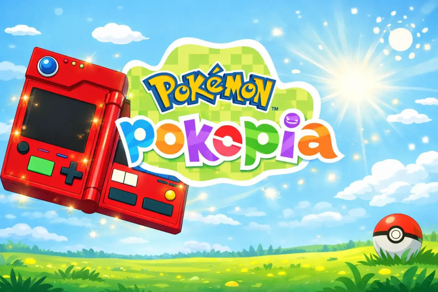 Pokémon Pokopia logo oficial con Pokédex roja y Poké Ball en campo verde bajo cielo soleado