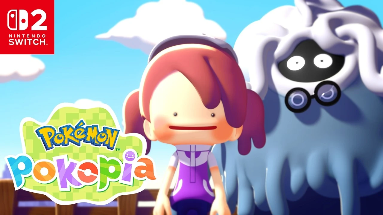 Pokémon Pokopia Nintendo Switch 2 protagonista femenina junto a Pokémon fantasma tipo Normal en cielo azul