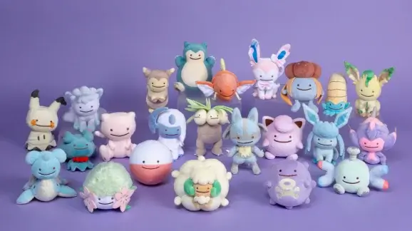 Colección completa peluches Ditto transformado en Pokémon Pokopia fondo morado más de 20 diseños