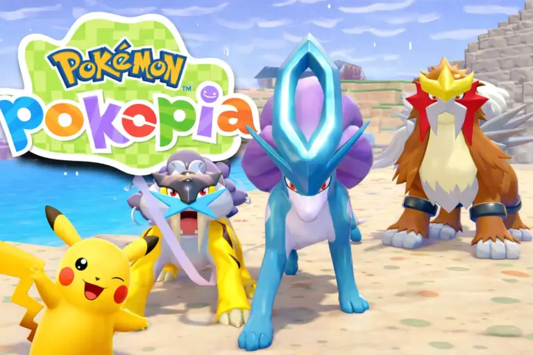 Pokémon Pokopia Pikachu Raikou Suicune Entei bebes legendarios Johto en playa arte oficial