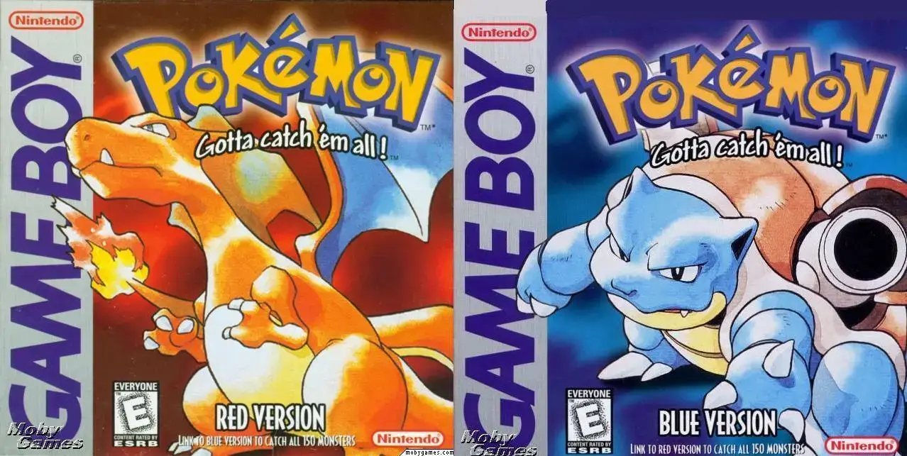 Pokémon Red y Blue versiones originales Game Boy cajas con Charizard y Blastoise Kanto 1996