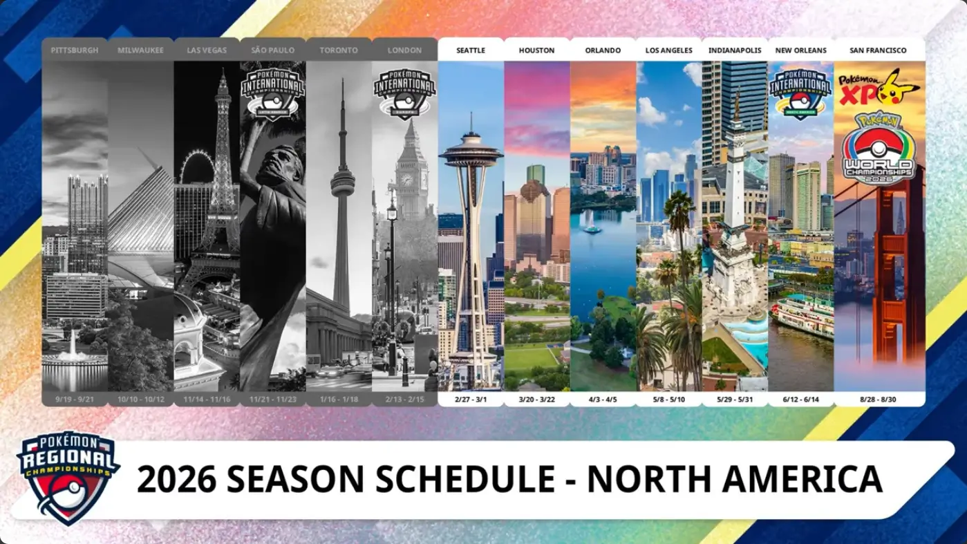 Pokémon Regional Championships 2026 Season Schedule North America calendario completo 13 ciudades desde Seattle hasta San Francisco World Championships