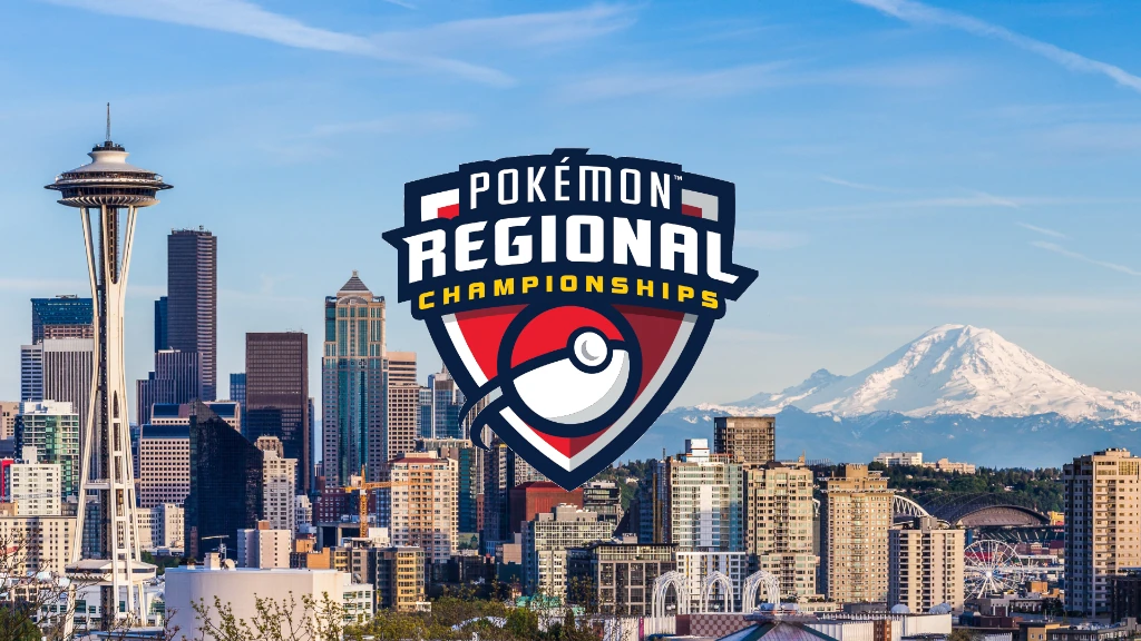 Pokémon Regional Championships Seattle 2026 logo oficial sobre skyline de Seattle con Space Needle y Monte Rainier
