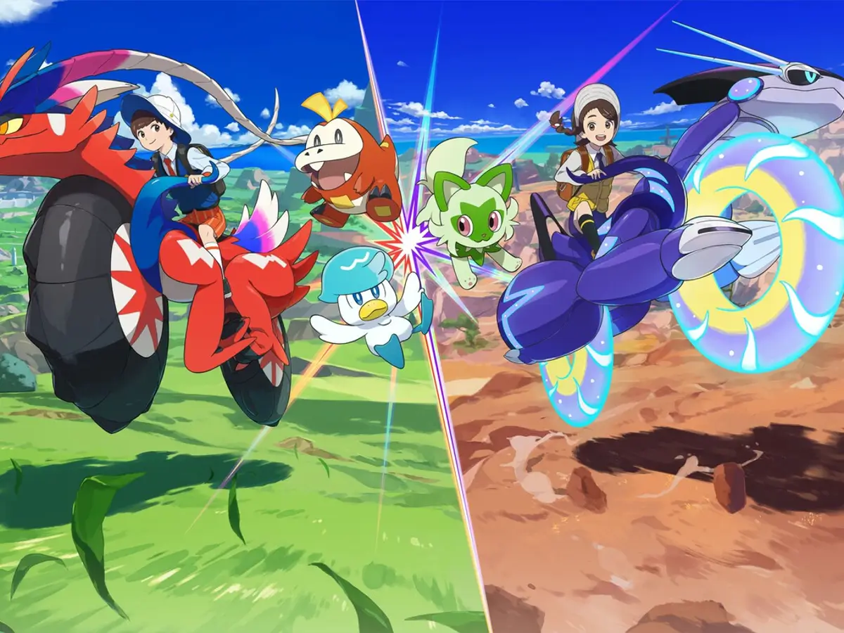 Pokémon Scarlet y Violet arte oficial con Koraidon Miraidon protagonistas iniciales Sprigatito Fuecoco Quaxly región Paldea