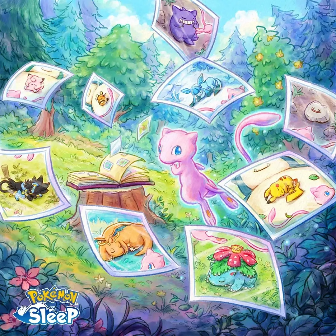 Pokémon Sleep arte oficial Mew rodeado de fotografías de Pokémon durmiendo en bosque encantado