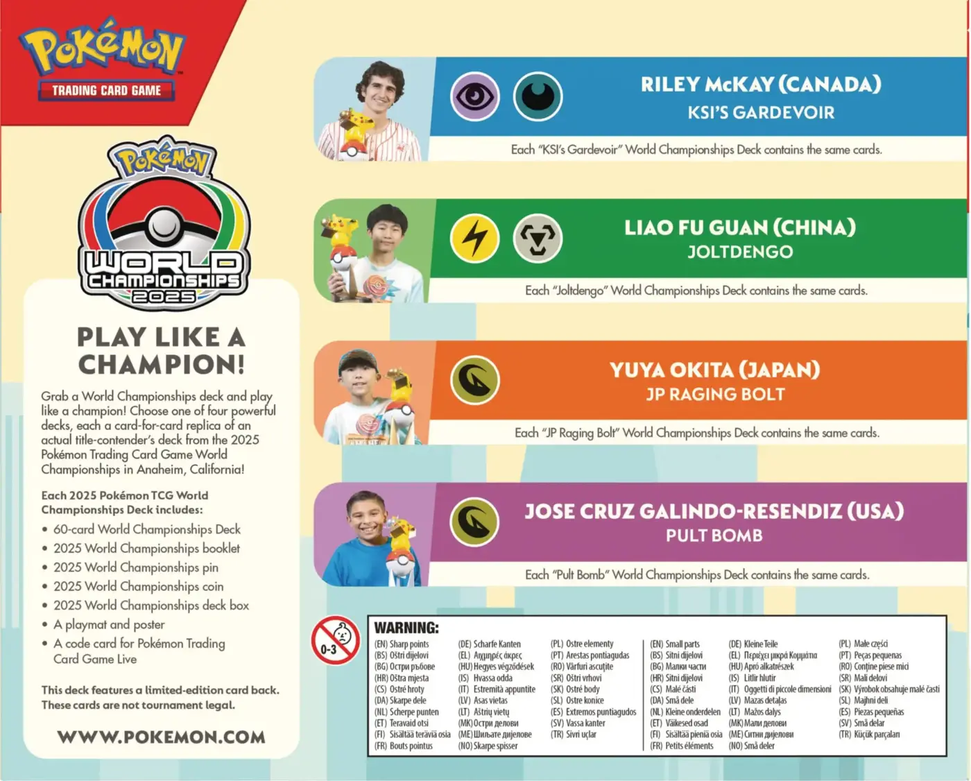 Pokémon TCG 2025 World Championships Deck reverso cuatro mazos Riley McKay Liao Fu Guan Yuya Okita Jose Cruz Anaheim