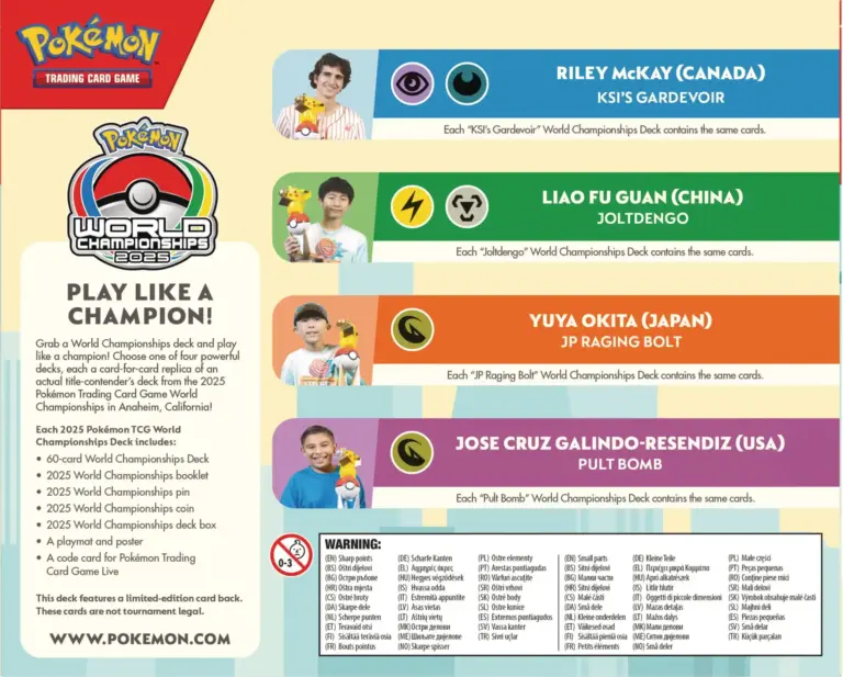 Pokémon TCG 2025 World Championships Deck reverso cuatro mazos Riley McKay Liao Fu Guan Yuya Okita Jose Cruz Anaheim