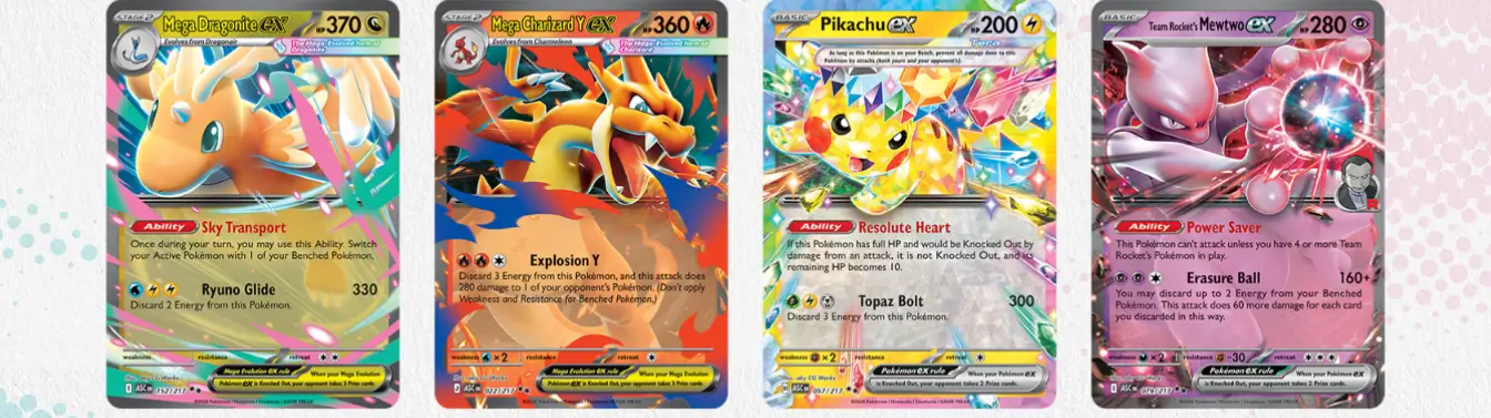 Mega Dragonite ex HP 370 Mega Charizard Y ex HP 360 Pikachu ex HP 200 Team Rocket Mewtwo ex HP 280 Ascended Heroes