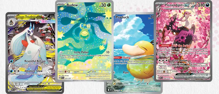 Mega Froslass ex Budew Psyduck Fezandipiti ex cartas Pokémon TCG Mega Evolution Ascended Heroes set 217