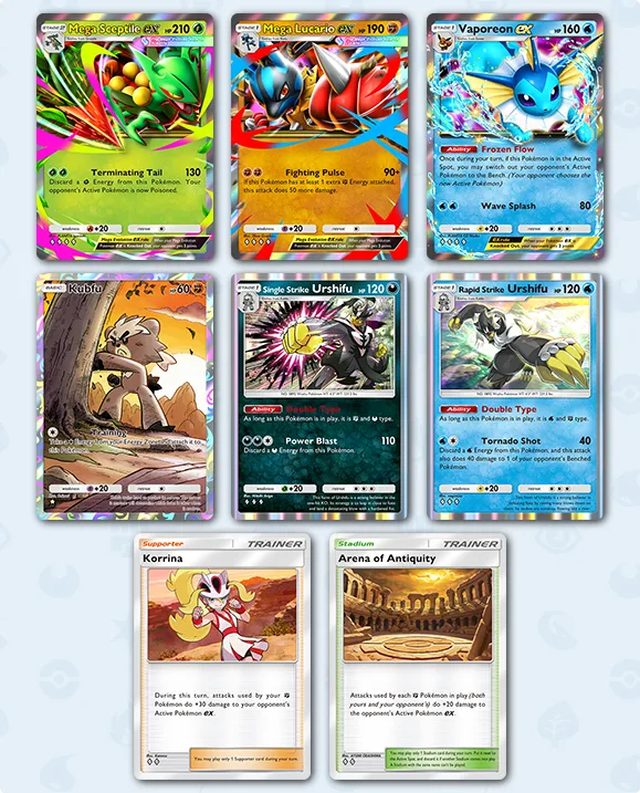 Pulsing Aura Pocket — Pokémon TCG colección Mega Sceptile EX Mega Lucario EX Vaporeon EX Kabuto Urshifu Korrina Arena Antiquity