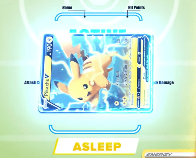 Pikachu V carta Pokémon TCG con condición especial Asleep dormido tutorial de condiciones