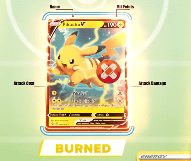 Pikachu V carta Pokémon TCG con condición especial Burned quemado con ícono de curita roja
