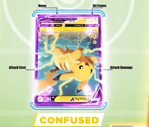 Pikachu V carta Pokémon TCG con condición especial Confused confundido rotada al revés