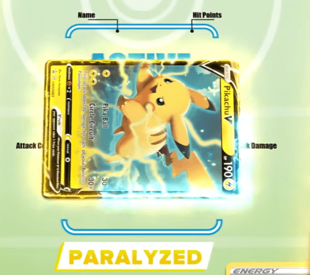 Pikachu V carta Pokémon TCG con condición especial Paralyzed paralizado tutorial de condiciones