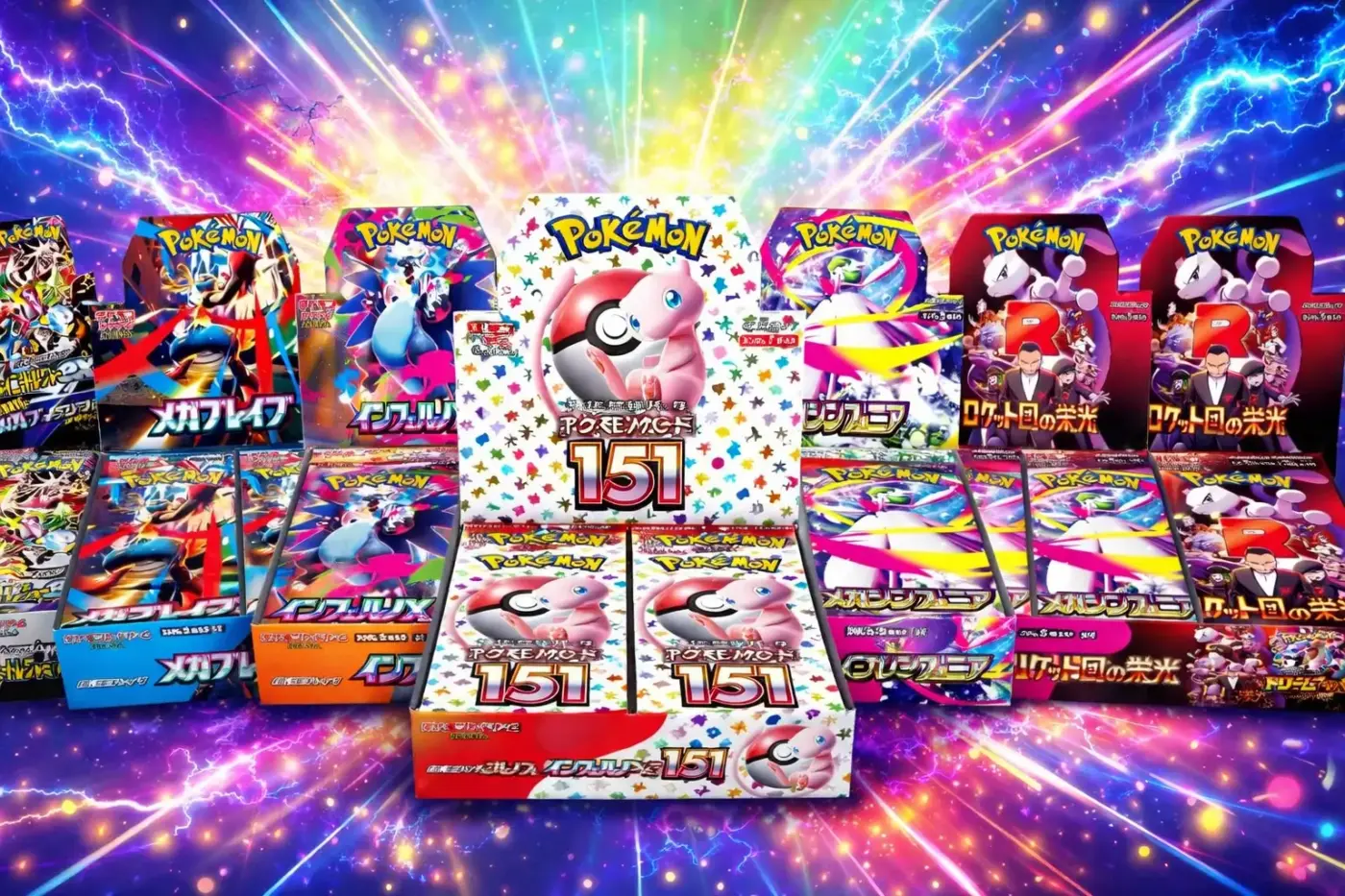 Cajas Pokémon TCG japonés con Pokémon 151, Mega Brave, Team Rocket Glory e Inteleon set expansiones
