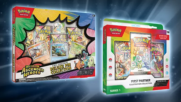 Pokémon TCG Mega Evolution Ascended Heroes First Partners Deluxe Pin Collection y Illustration Collection Series 1