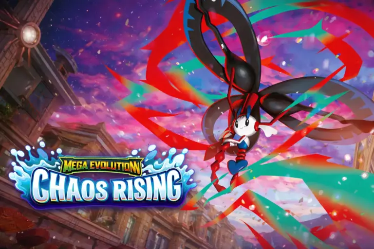 Pokémon TCG Mega Evolution Chaos Rising arte clave Mega Mewtwo X ciudad con logo oficial 2026