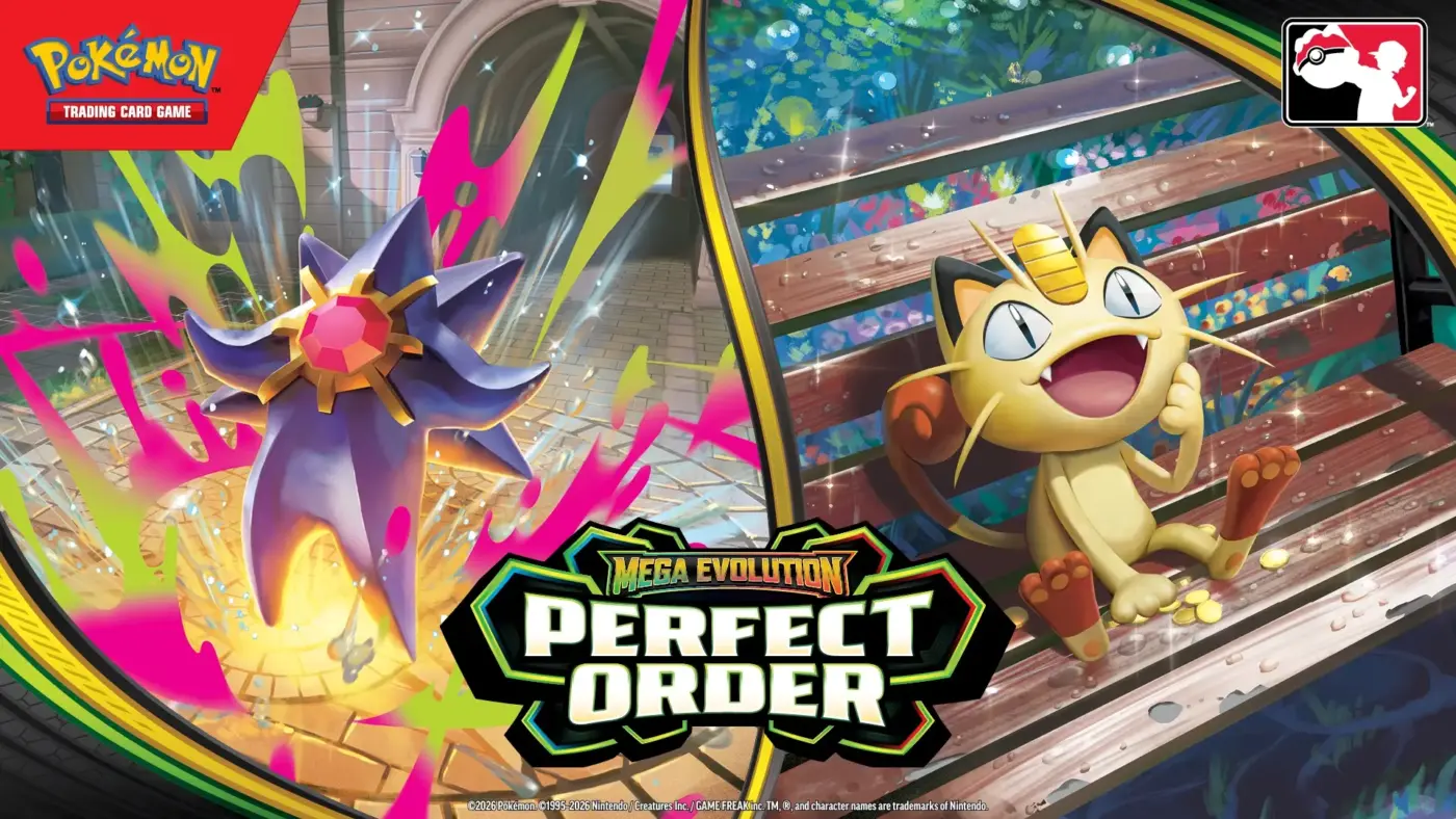 Banner oficial Pokémon TCG Mega Evolution Perfect Order 2026 con Mega Starmie y Meowth