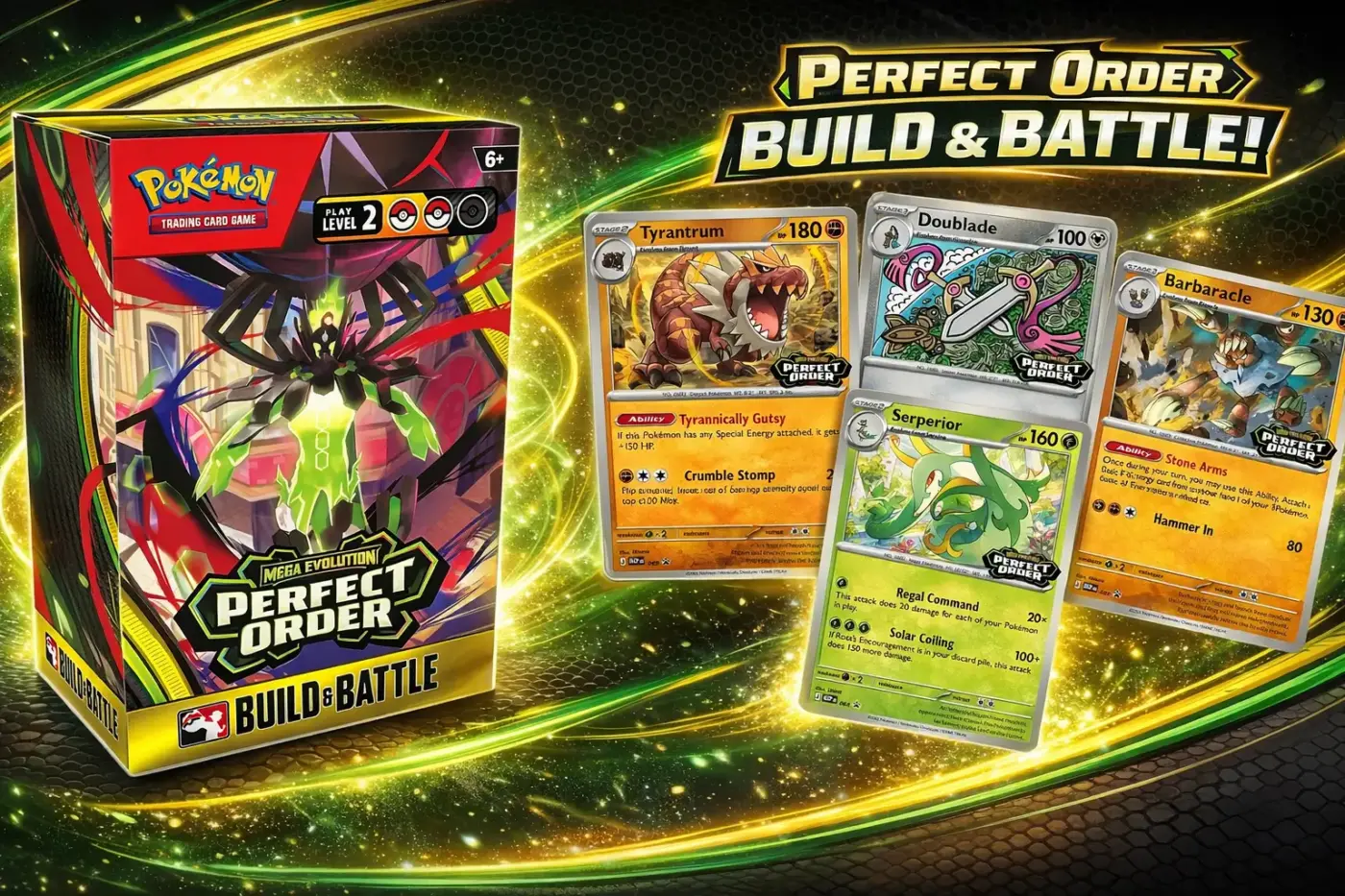 Pokémon TCG Mega Evolution Perfect Order Build & Battle box con cartas Tyrantrum, Serperior, Doublade y Barbaracle