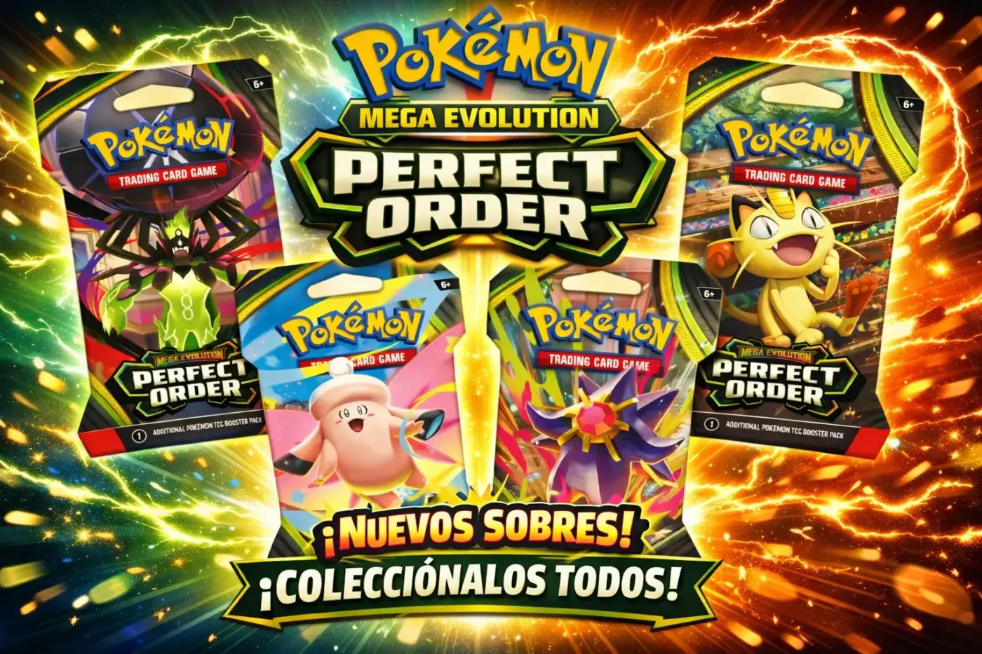 Pokémon TCG Mega Evolution Perfect Order sobres booster con Ariados Cleffa Starmie Meowth español