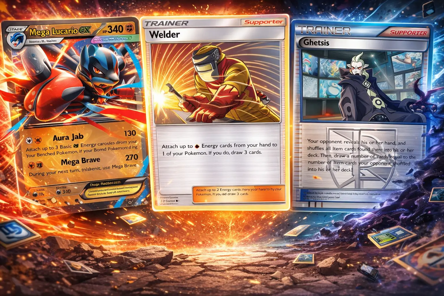 Mega Lucario ex HP 340 con Trainer Supporter Welder y Ghetsis cartas Pokémon TCG arte promocional