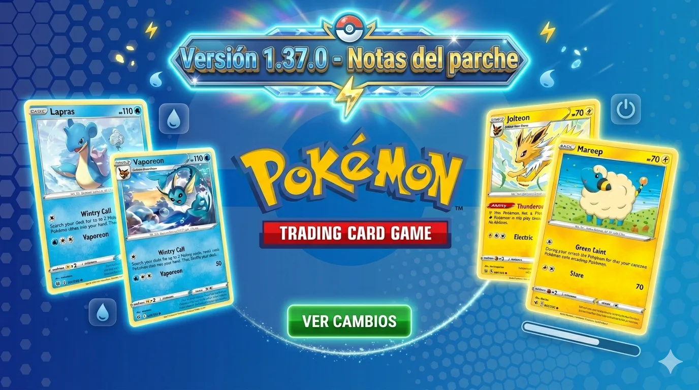 TCG Live update abril 2026-Pokémon TCG notas parche v1.37.0 Lapras Vaporeon Jolteon Mareep