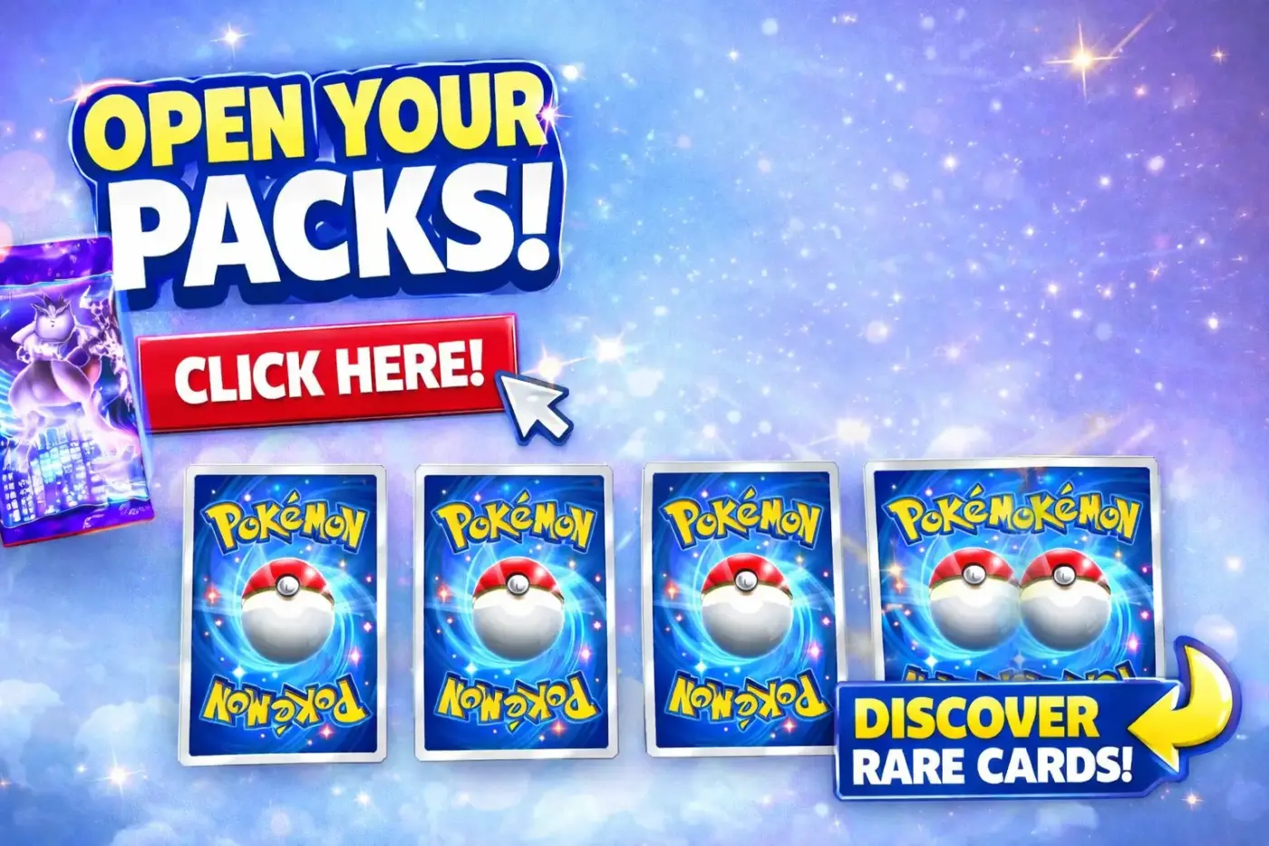 Pokémon TCG Open Your Packs anuncio publicitario con cuatro cartas boca abajo y sobre Mega Mewtwo fondo estrellado