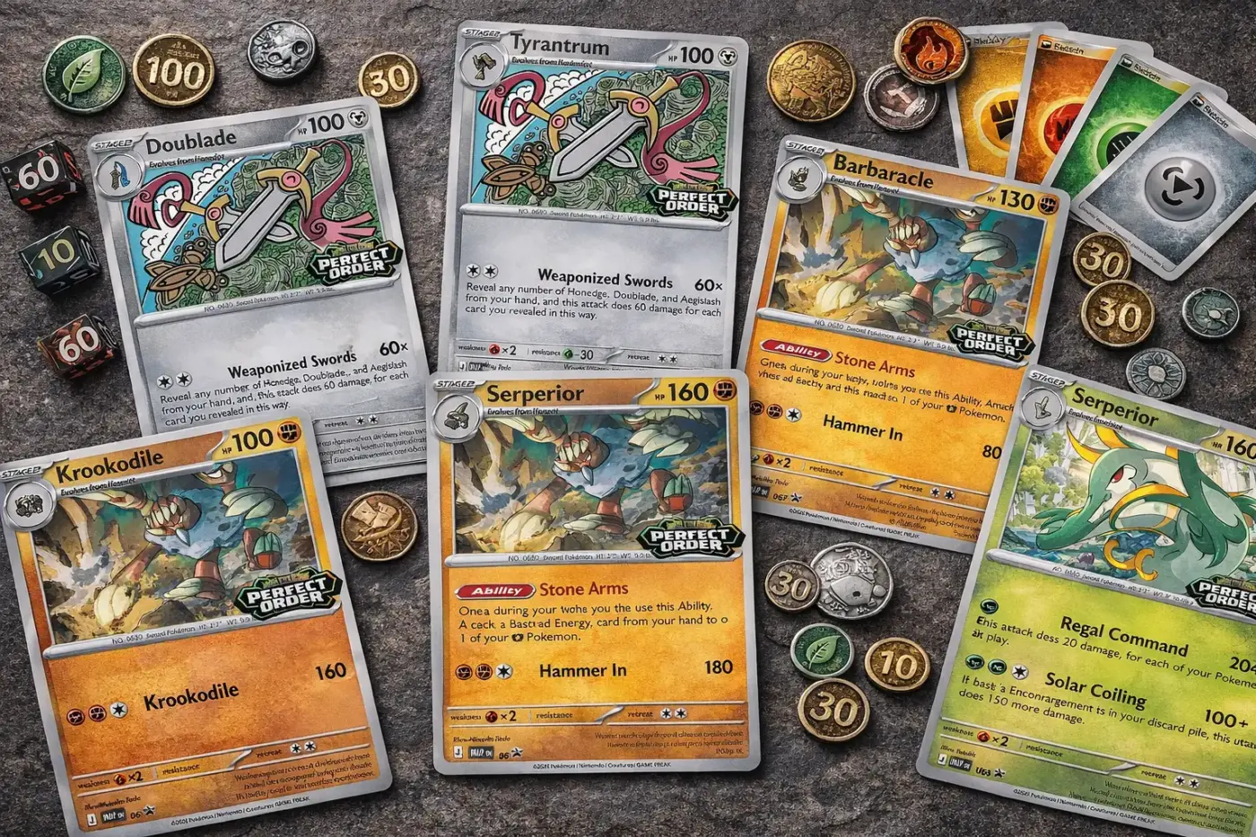 Cartas Pokémon TCG Perfect Order Doublade Tyrantrum Serperior Barbaracle Krookodile con dados y monedas