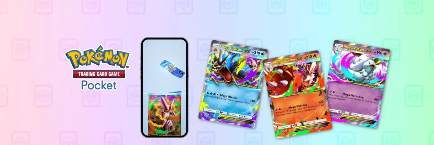 Pokémon TCG Pocket Mega Gyarados ex Mega Blaziken ex Mega Altaria ex cartas banner app móvil 2026