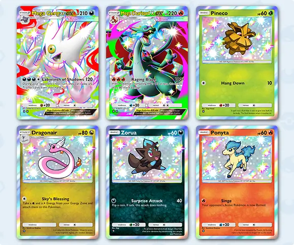 Cartas shiny Pokémon TCG Pocket Mega Shine Mega Gengar ex Mega Charizard X ex Dragonair Zorua Ponyta Pineco