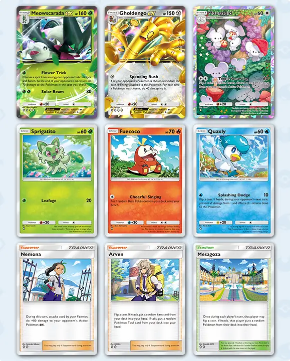 Pokémon TCG Pocket Paldean Wonders cartas Meowscarada ex Gholdengo ex Maushold iniciales de Paldea y trainers Nemona Arven Mesagoza