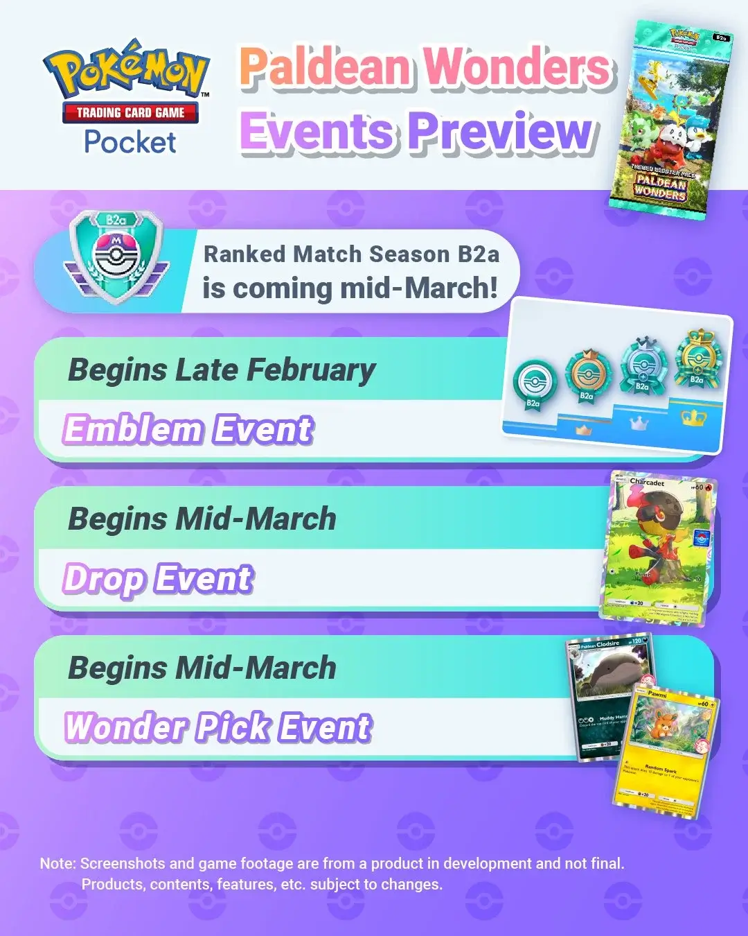 Pokémon TCG Pocket Paldean Wonders preview eventos Ranked Season B2a Drop Event Charcadet Wonder Pick