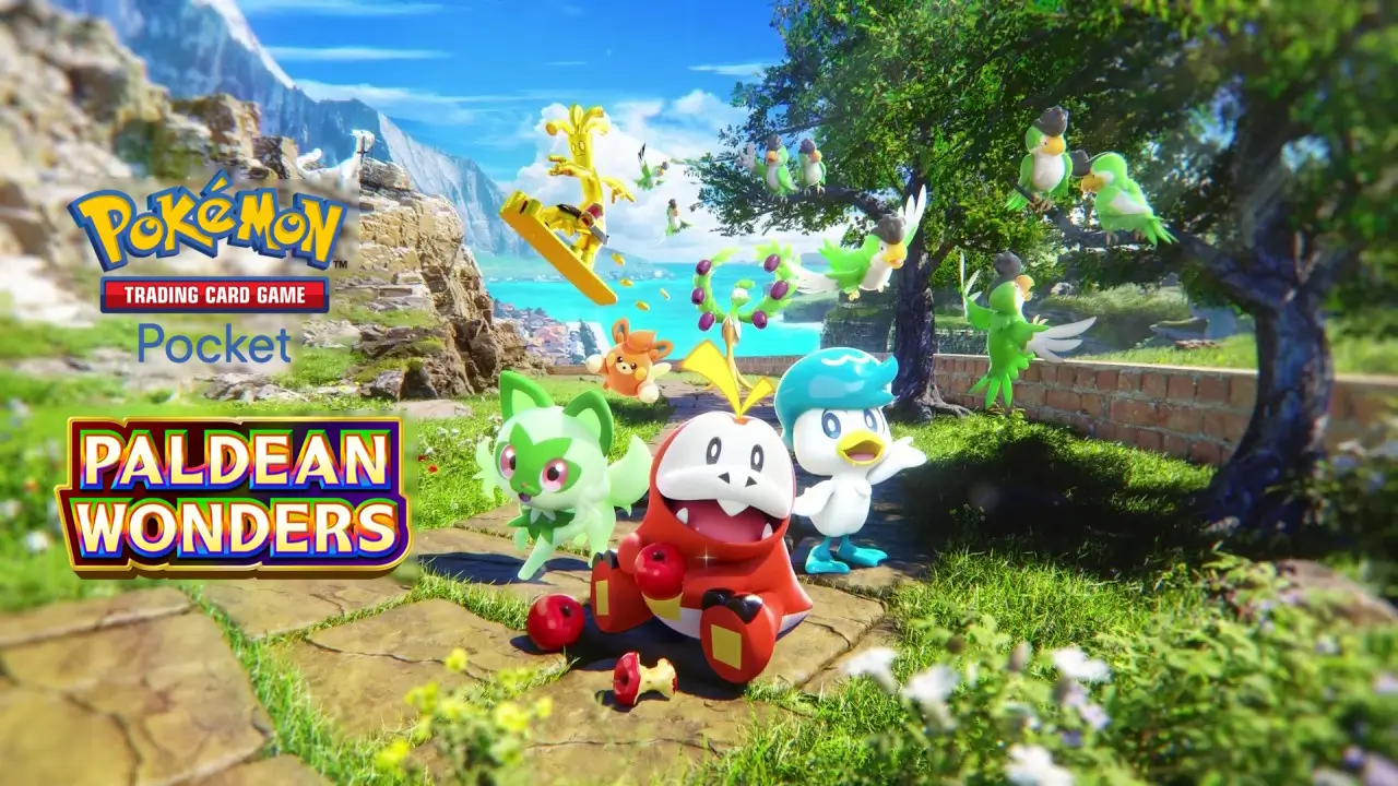 Pokémon TCG Pocket Paldean Wonders arte oficial con Sprigatito Fuecoco Quaxly Gholdengo y Pawmi en región Paldea