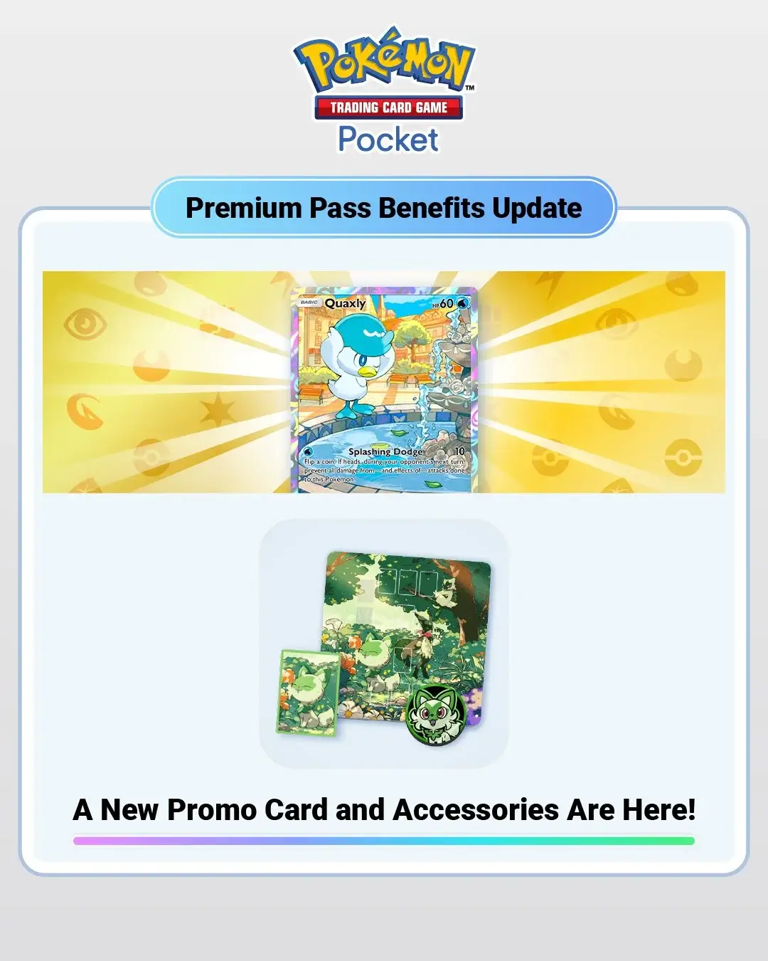 Pokémon TCG Pocket Premium Pass actualización carta promo Quaxly HP 60 y accesorios Sprigatito 2026